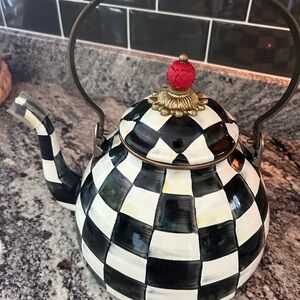 Mackenzie-Child’s 3Q Checkered Black and White Teapot with Red Accent